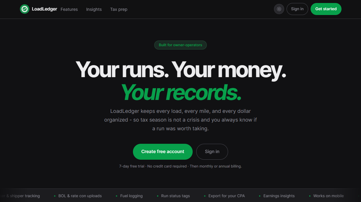 Liveloader Tracker LoadLedger — Trucking run tracker for owner-operators